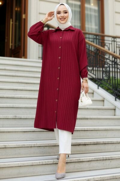 N.S NEVA STYLE Düğmeli Vişne Tesettür Tunik 45071VSN
