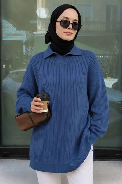 N.S NEVA STYLE Fitilli İndigo Mavisi Tesettür Triko Kazak Tunik 65903IM