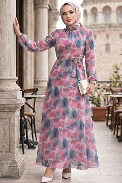 Neva Style Floral Patterned Fuchsia Hijab Dress 27994F