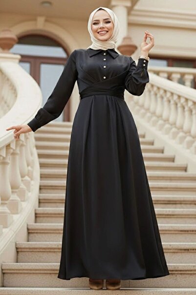 Neva Style فستان ساتان أسود بتفاصيل أزرار 45661S