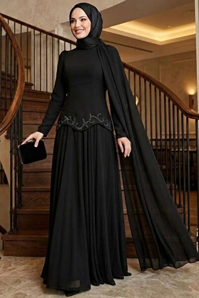 N.S NEVA STYLE فستان سهرة أسود بتفاصيل عباءة 56081S
