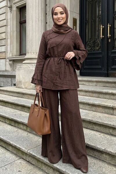 Neva Style طقم حجاب بني بتفاصيل كشكشة 26156KH