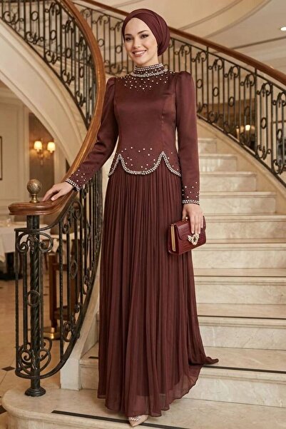 N.S NEVA STYLE فستان سهرة بني مزين بالخرز للحفلات الإسلامية 55651KH