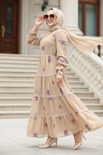 Neva Style Çiçek Desenli Bej Tesettür Elbise 32816BEJ