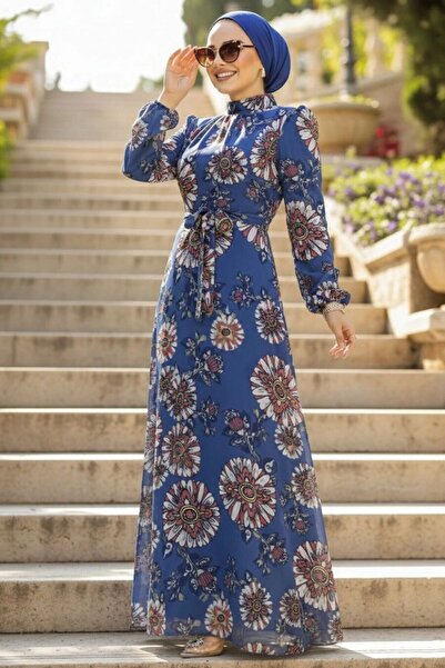 Neva Style Floral Patterned Indigo Blue Hijab Dress 279320Im