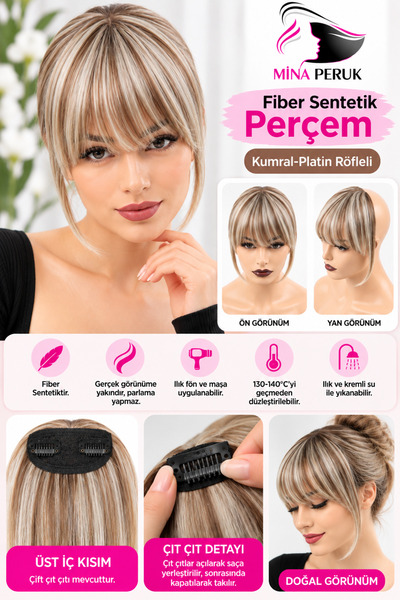Mina Peruk Fiber Sentetik Perçem - Kumral-Platin Röfleli