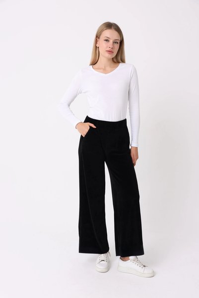defys Kadın Bol Paça Cepli Kadife Oversize Fit Pantolon Siyah