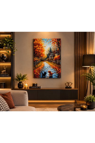 Göral Home Life Sonbahar Manzarası Kedi ve Köpek Kanvas Tablo Ev ve Yol Temal...