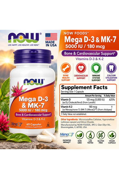 Genel Markalar Foods, Mega D-3 K2 Vitamin & MK-7, 5,000 IU / 180 mcg, 60 Caps