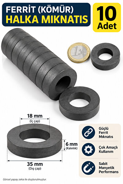 Dünya Magnet 10 Adet 35xd18x6 Ferrit Kömür Halka Mıknatıs