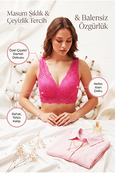 PIRLANTA Telsiz Balensiz Pembe Çiçekli ve Etnik Desenli Dantel Bralet Sütyen ...