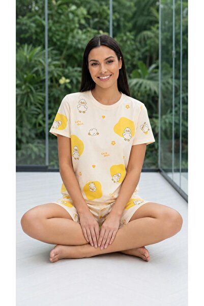LANA HOMEWEAR Soft sarı kısa kollu sevimli ördek baskılı kısa kollu şort mode...