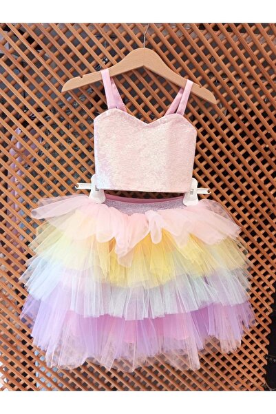 PD KIDS 1022 ÇOCUK PAYETLİ CROP BLUZ RENKLİ KAT KAT TÜL ETEKLİ TAKIM