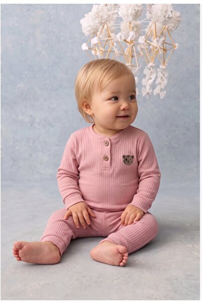 Rocha Baby Ribbed Long Sleeve Double Set with Teddy Bear Detail - Top and Bot...