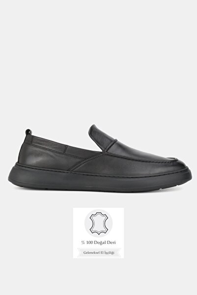 TUNAELLİ Men's Black Genuine Natural Leather Eva Sole Loafer Daily Shoes