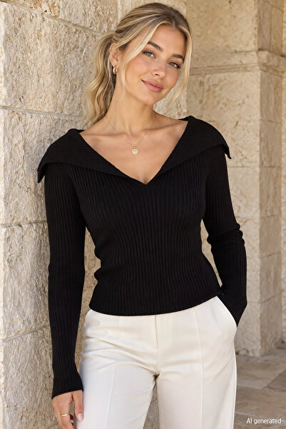 GÜLSELİ Black Women's Turn-Down Collar Ribbed Lycra Knitwear Blouse