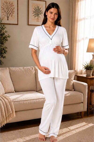 ByLohusa Comfortable Fit Short Sleeve Maternity Pajama Set Effortt - Ecru
