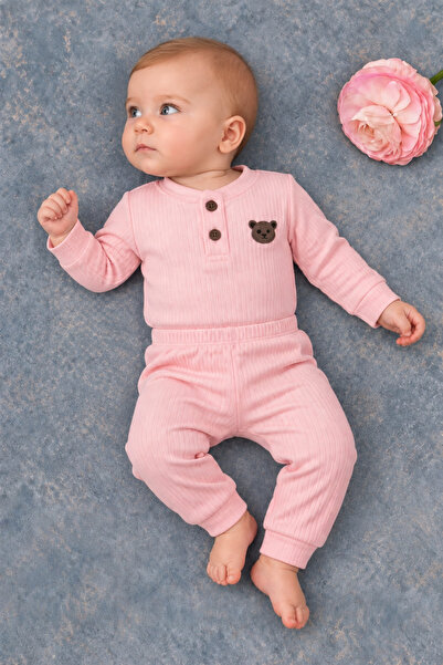 Rocha Baby Ribbed Long Sleeve Double Set with Teddy Bear Detail - Top and Bot...