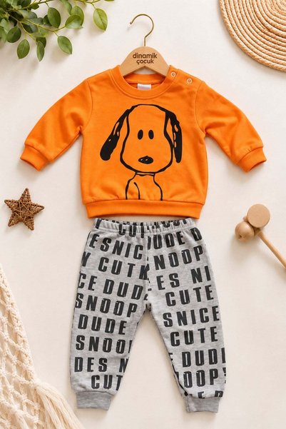 dinamik çocuk Baby Boy Front-Back Dog Printed Sweatshirt and Lettered Sweatpa...