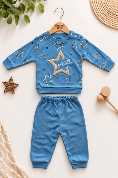 dinamik çocuk Baby Boy Star Patterned Plush Appliqued Sweatshirt Bottom Track...