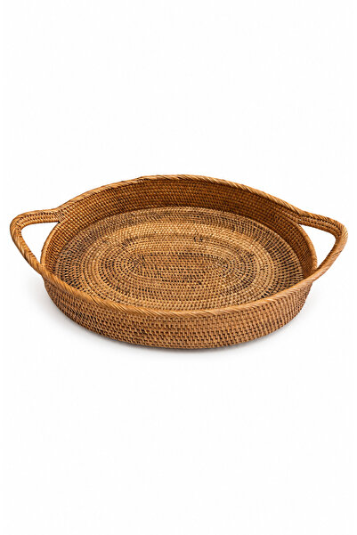 El Örgüsü Rattan Oval Kulplu Sunum Tepsisi 40x30 cm – Dekoratif Hasır Servis Tepsisi