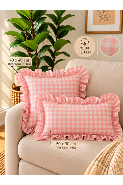 Decamor home Lina Vintage Gingham Ruffled Throw Pillow Cover Pink
