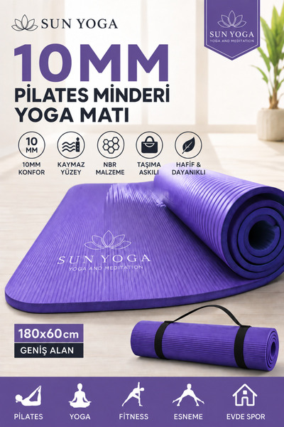 SUNYOGA 10 mm Pilates Minderi Yoga Matı 180x60 cm Kaymaz Spor Egzersiz Minder...