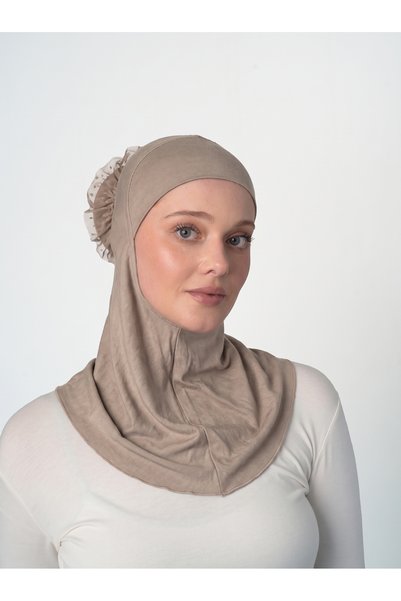 ec ecardin Large Hijab Bonnet with Button - Laced Neck Collar Bonnet - Dark Mink - (St124), (Id 7812409)