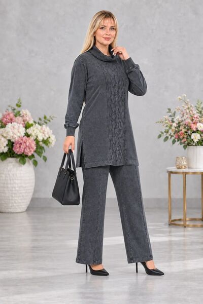 CEDY DENIM - Women's Plus Size Slit Tunic and Wide Leg Pants Set C8013-Black