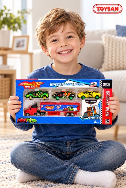 Toysan Metal Truck 3-Piece Mini Car Set – 1 Truck + 3 Metal Cars (1/64 Scale)