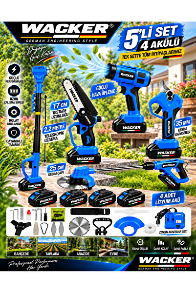 prowackers V-TEC Seri 4X Akü Full 5 Li Bahçe Seti Bağ Makası 17 Cm Testere Hava Üfleme Çim Biçme + 2.2 MT Teleskop