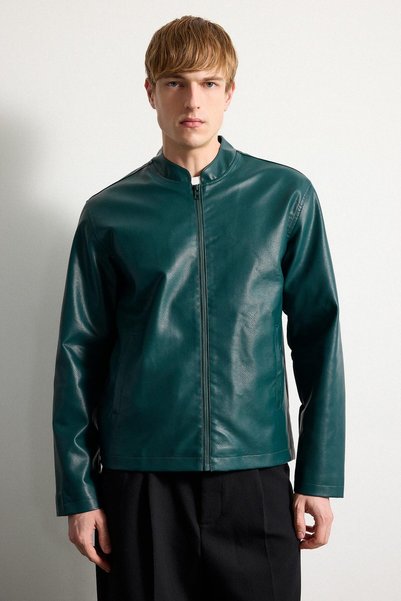 DeFacto Water Repellent Slim Fit Stand Collar Zippered Faux Leather Jacket Coat D8525Ax25Sp