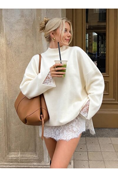 Elysira Kadın Oversize Dantel Detaylı Kolları Yırtmaçlı Triko Basic Kazak