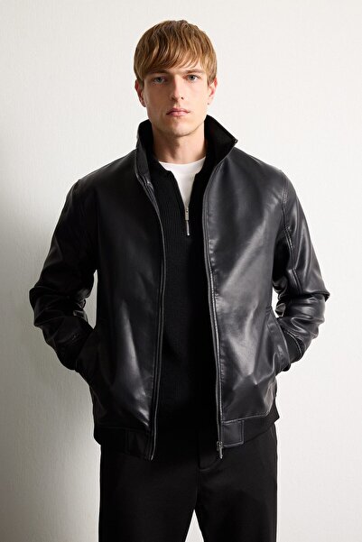 DeFacto Slim Fit High Collar Lined Zippered Faux Leather Coat F7743Ax26Sp