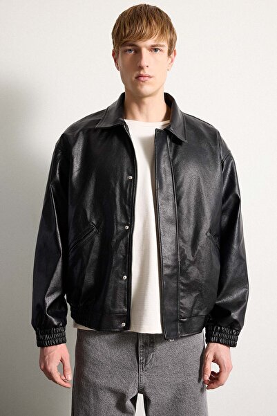 DeFacto Oversized Shirt Collar Zippered Faux Leather Coat G6212Ax26Sp