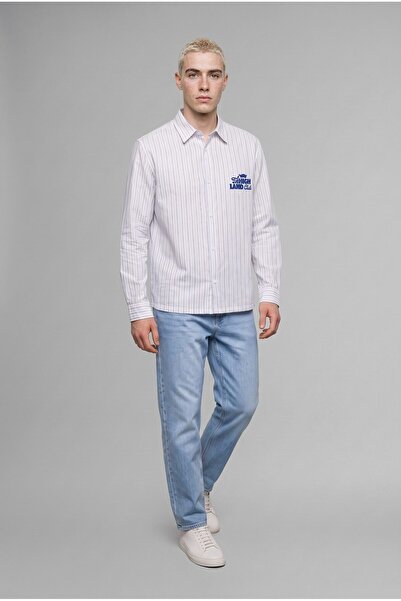 DeFacto Boxy Fit Striped Long Sleeve Embroidered Detail Blue Cotton Shirt I30...