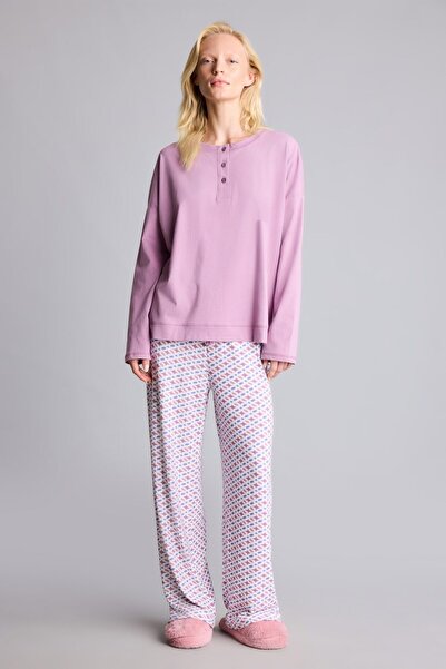 DeFacto 100% Cotton Relaxed Fit Long Sleeve Buttoned Patterned Pajama Set H90...
