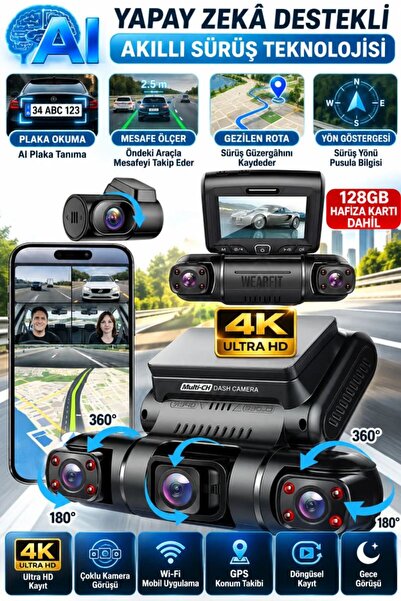 X19 Premium 4 Lens Araç İçi Kamera WiFi GPS 4K Ultra HD Ön Arka İç Kamera Gece Görüşü Park Modu DVR