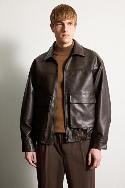 DeFacto Oversized Shirt Collar Zippered Faux Leather Coat E8822Ax25Au