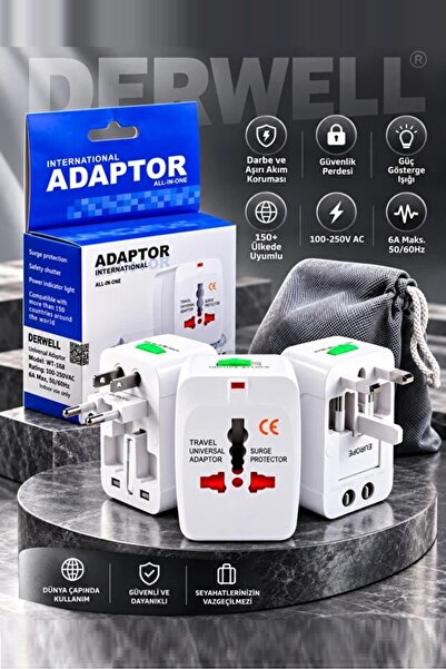 Derwell Seyahat Adaptörü Cep Telefonu Tablet Laptop Çevirici Priz Amerikan In...