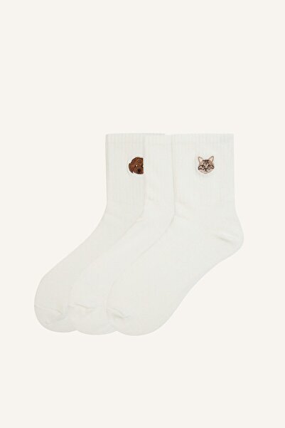 DeFacto Women's Cat Embroidered 3-Piece Cotton Ribbed Socks I6742Axns