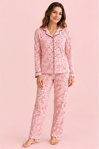 Starinci Mayo Kadın Pembe Desenli Pijama Takımı Gömlek Yaka İkili Takım
