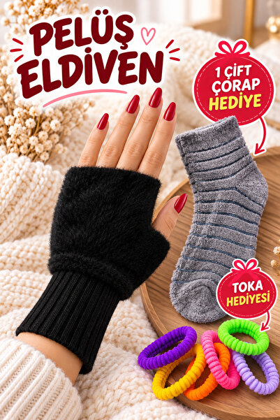 Hitit Socks Kadın 1 Çift Kışlık Parmaksız Termal Esnek Polarlı Peluş Eldiven