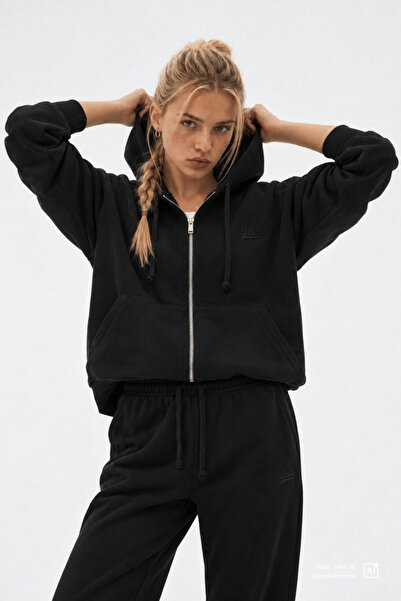 UCLA VIVIANA Siyah Kapüşonlu Nakışlı Fermuarlı Standard Fit Kadın Sweatshirt