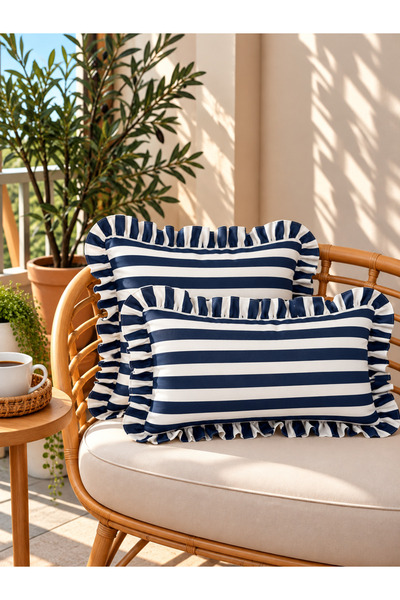 Decamor home Roza Marin Striped Navy Blue Ruffled Throw Pillow Cover