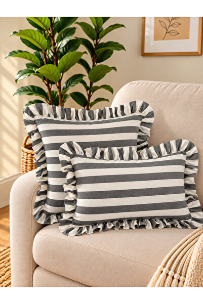 Decamor home Lina Smoked Gray Ecru Striped Premium Linen Fabric Ruffled Throw...