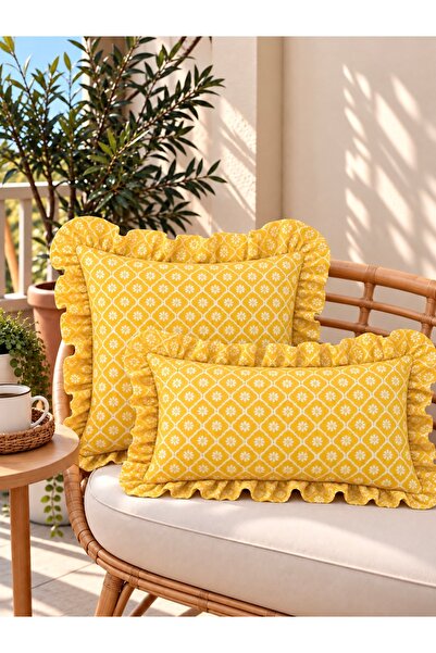 Decamor home Roza Papatya Desen Sarı Fırfırlı Kırlent Kılıfı 1 ADET