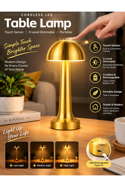 Generic Metal Rechargeable Cordless LED Table Lamp with Touch Sensor, 3-Level...