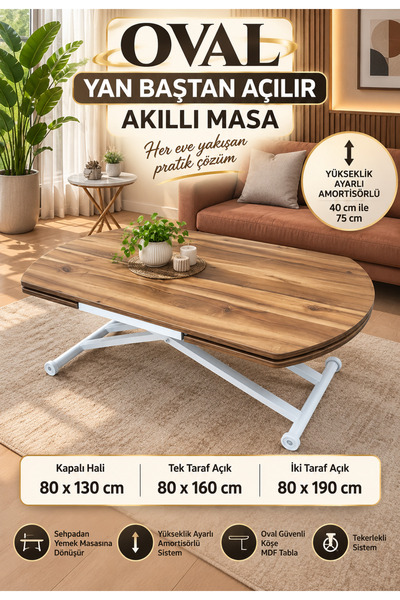 SEHPAM AKILLI Yan Baştan Açılır Yarı Oval Akıllı Yemek Masası Mdf Tabla Alt M...