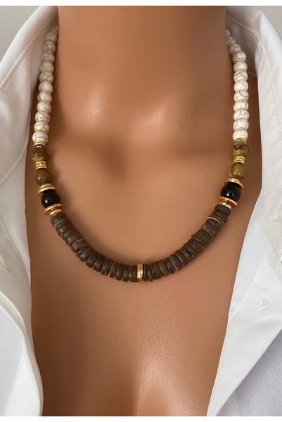 TARZ-I TAKI Natural Stone Coffee & Cream Coral Wood Bead Detail Design Necklace
